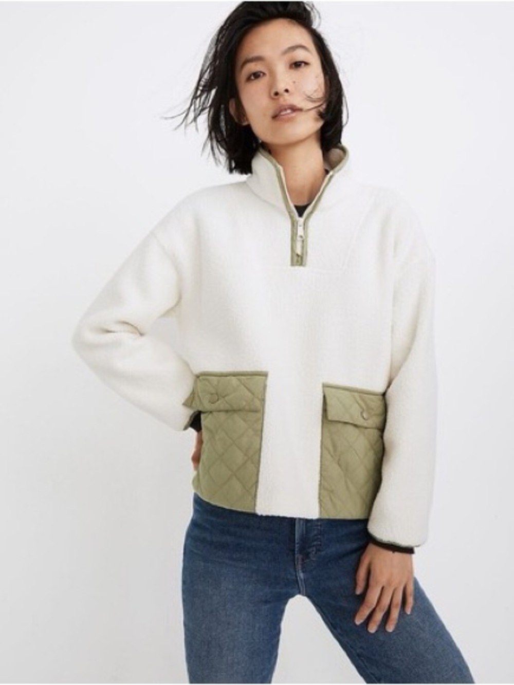 Madewell (Re)sourced Fleece Quilted-Pocket Popover Jacket Antique Cream Size Med
